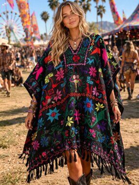 Vintage Colourful Embroidered Poncho Cape OS